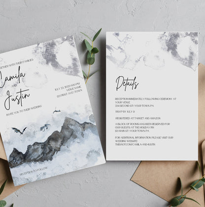 Dragons Mountains Wedding Invitation | Fantasy Canva Template Wedding Invite