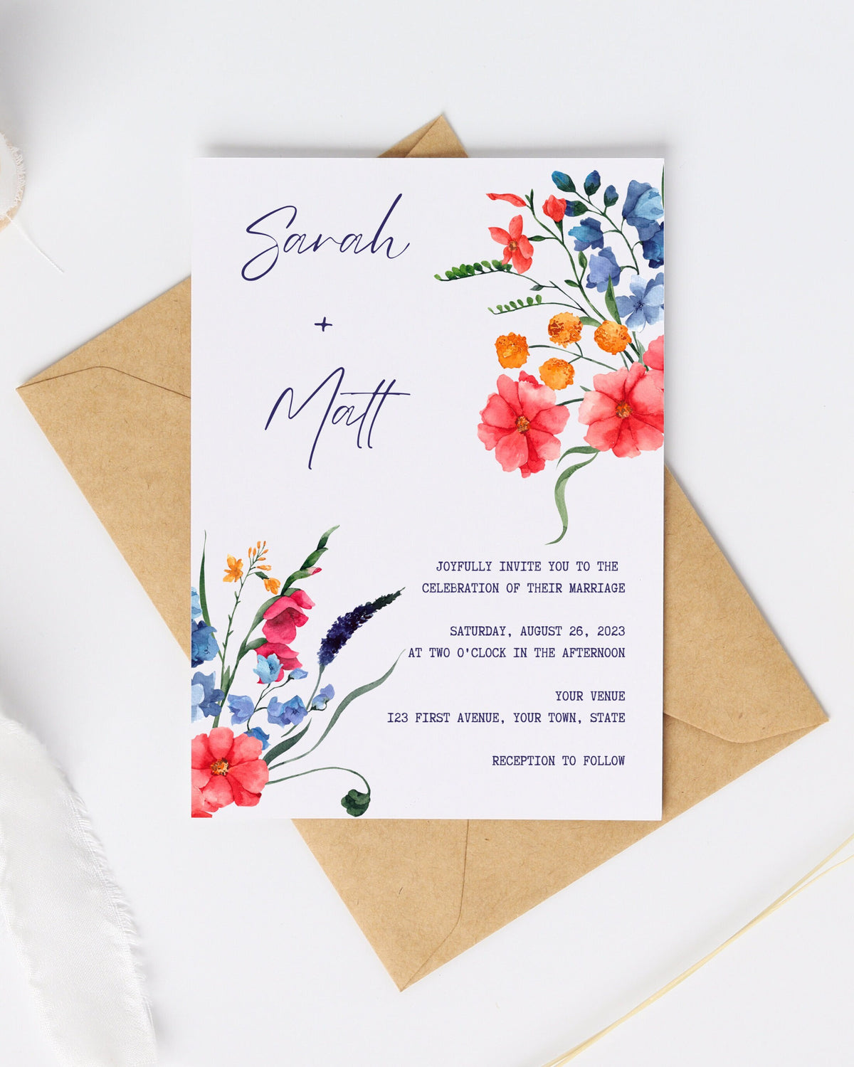 Watercolor Floral Wedding Invitation | Editable Canva Template (5x7 inch)