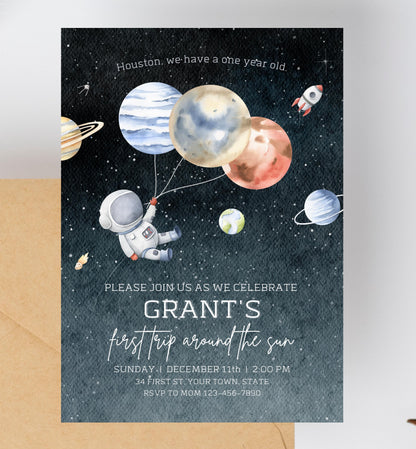 First Trip Around the Sun Birthday Invitation | 1st Birthday Canva Template Invite | 1st Trip Around the Sun | Space 1st Birthday